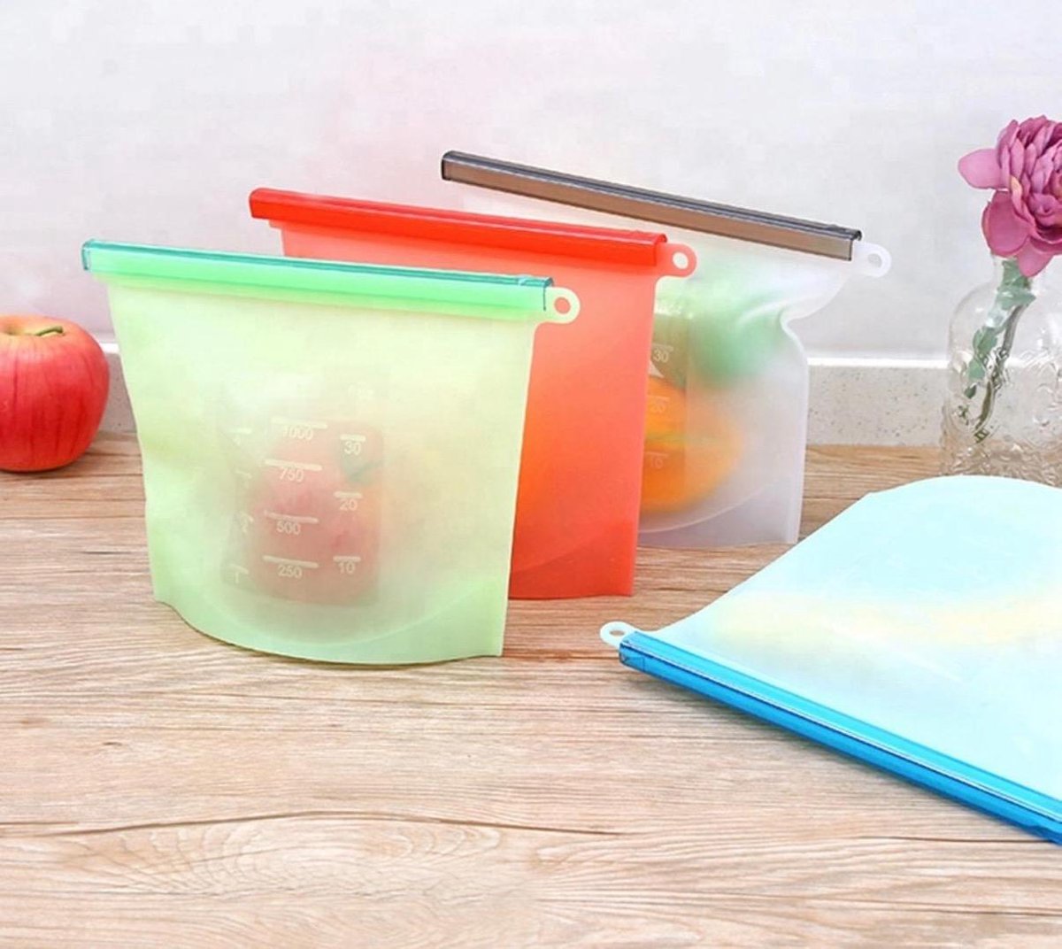  Siliconen Vershoudzakken - Set Van 8 ( 4x 1000ML + 4x 1500ML) -(Transparant, Rood, Groen, Blauw) - Duurzaam - Herbruikbaar - Vries &amp; Hitte Bestendig - Meal Prep - Opbergzak Maatbeker Meal Prep Container