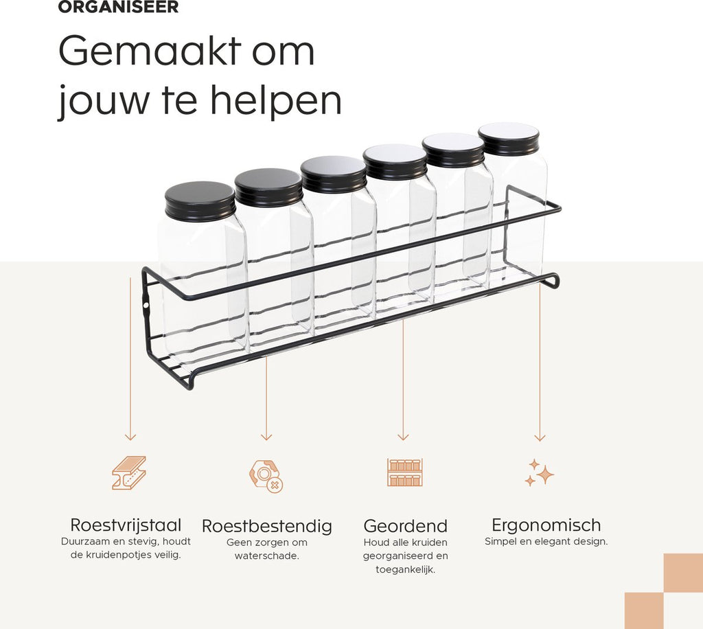  Noswo Kruidenrek Ophangbaar - Voor 24 Kruidenpotjes - 4 Stuks - Keukenrek Hangend - RVS - Zwart