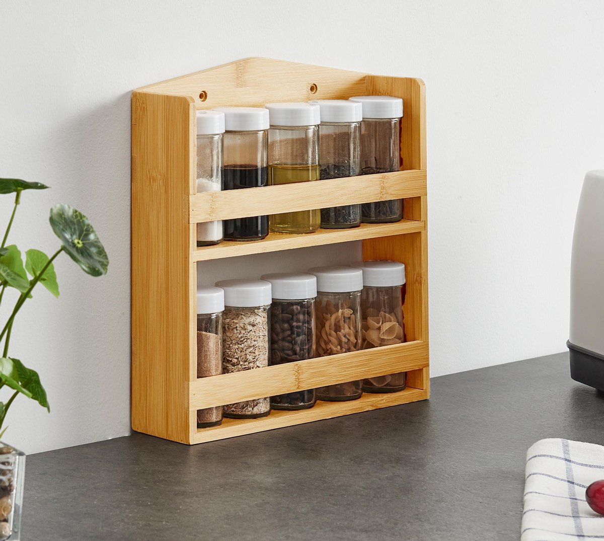  ACAZA Ophangbaar Kruidenrek Met 10 Glazen Kruidenpotjes, Spice Rack, Keuken Rek, Kruiden Organizer Voor Specerijen, Peper, Zout, 26 Cm Breed, Bamboe