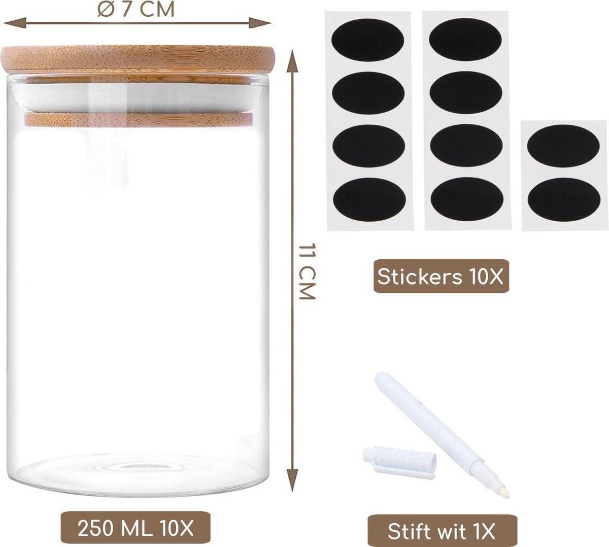  Quality Needz - Voorraadbussen - 250 ML - Glazen Potjes Met Deksel - Kruidenpotjes - 10 Delige Set - BPA-vrij - Gratis Pen &amp; Herschrijfbare Stickers