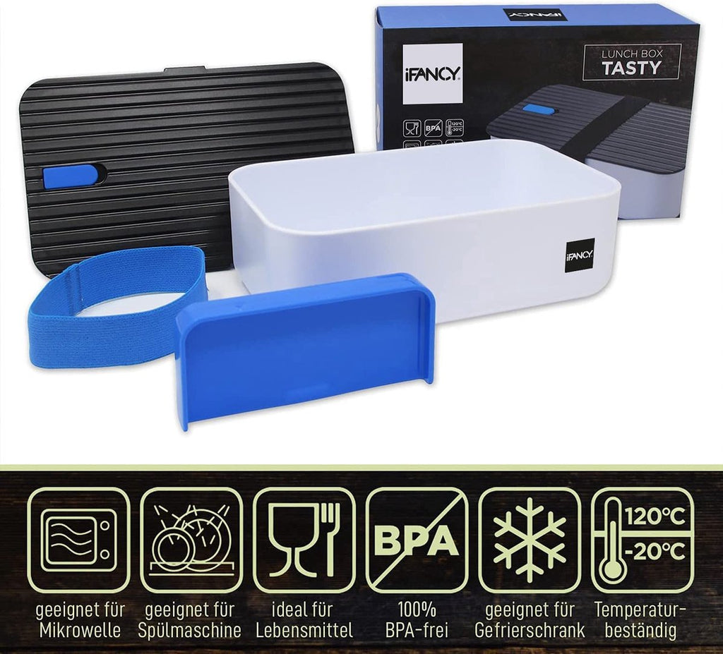  IFancy Lunchbox Tasty - Bento Lunch Box 1000ml - Dicht &amp; Lekvrij Voor Kinderen &amp; Volwassenen - Kantoor &amp; School - BPA Vrij - Vaatwasser Magnetron &amp; Vriezer Lunch Box (Blauw)