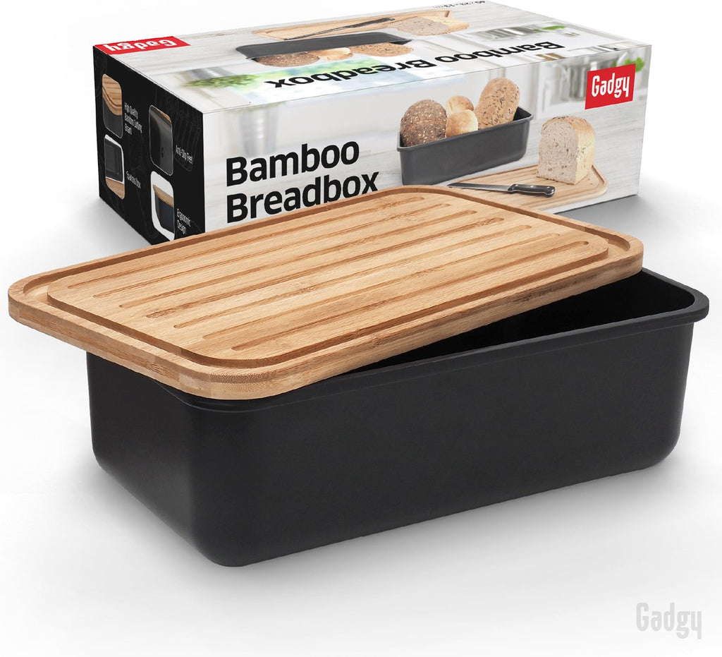  Gadgy Broodtrommel Met Bamboe Deksel – Brooddoos Met Snijplank - 36x19.5x11.5 Cm- Zwart