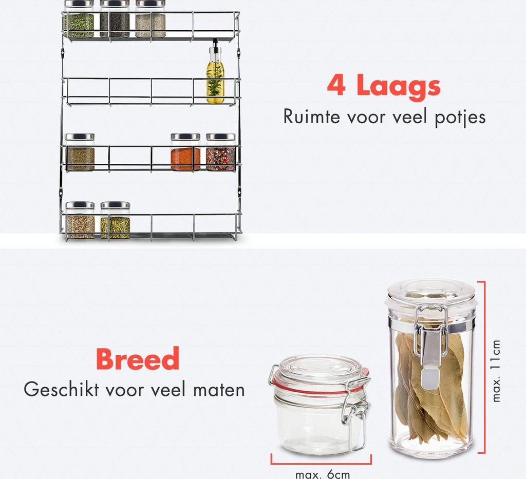  KitchenBrothers Ophangbaar Kruidenrek Voor 32 Kruidenpotjes - Spice Rack – Keuken Rek - Kruiden Organizer - Specerijen Opbergen - 4 Laags - 40 X 6.3 X 50 Cm - RVS