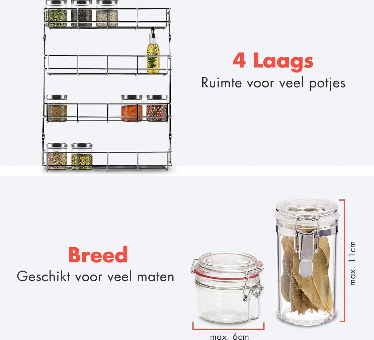  KitchenBrothers Ophangbaar Kruidenrek Voor 32 Kruidenpotjes - Spice Rack – Keuken Rek - Kruiden Organizer - Specerijen Opbergen - 4 Laags - 40 X 6.3 X 50 Cm - RVS
