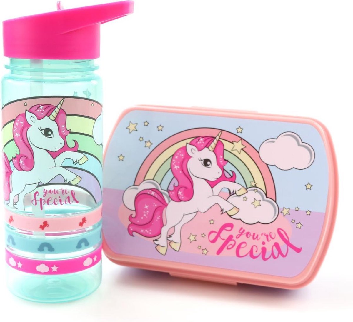  Unicorn Broodtrommel + PET Drinkfles Lichtblauw | Eenhoorn Lunchbox Set Voor Meisjes LS22
