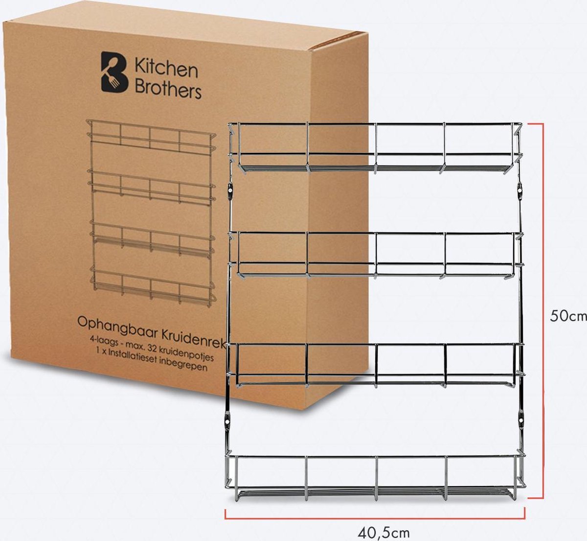  KitchenBrothers Ophangbaar Kruidenrek Voor 32 Kruidenpotjes - Spice Rack – Keuken Rek - Kruiden Organizer - Specerijen Opbergen - 4 Laags - 40 X 6.3 X 50 Cm - RVS