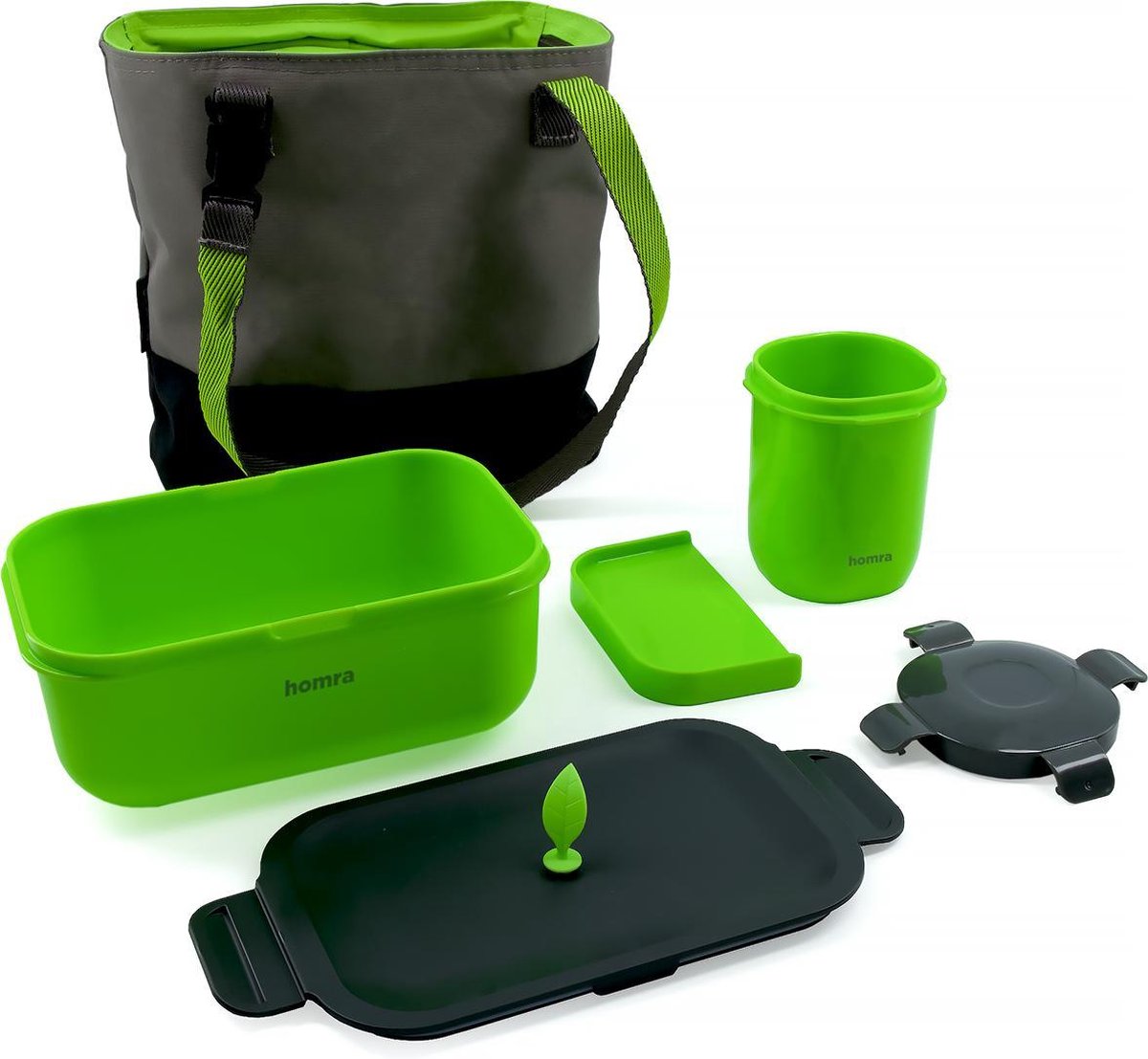  Homra Lunchset In Tas BREAQ Green - Broodtrommel - Yoghurtbeker - Koeltas - Lunch To Go - Duurzaam Kunststof - BPA Vrij - Lunchtrommel - Magnetron, Diepvries, Vaatwasser Bestendig - Grijs Met Groen - Picknick - Kantoor - School - Vers Houden