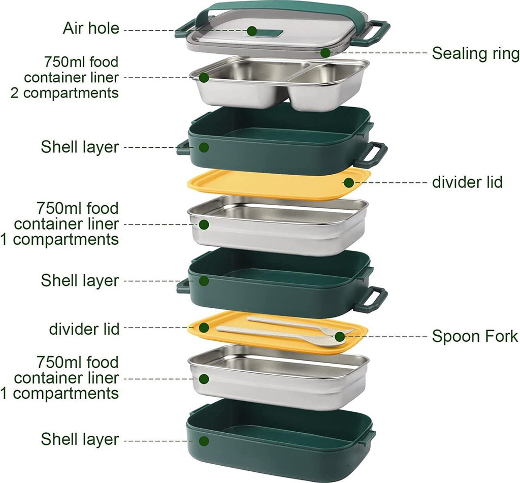  Lunchbox, Bento Box Voor Volwassenen Kinderen, Kinderlunchbox Met Compartimenten, 3-laags Lekvrije Bento-lunchbox Met Vork, Lepel, Geschikt Voor Lunchbox Voor Werk, Kantoor, School (2,25L Groen)