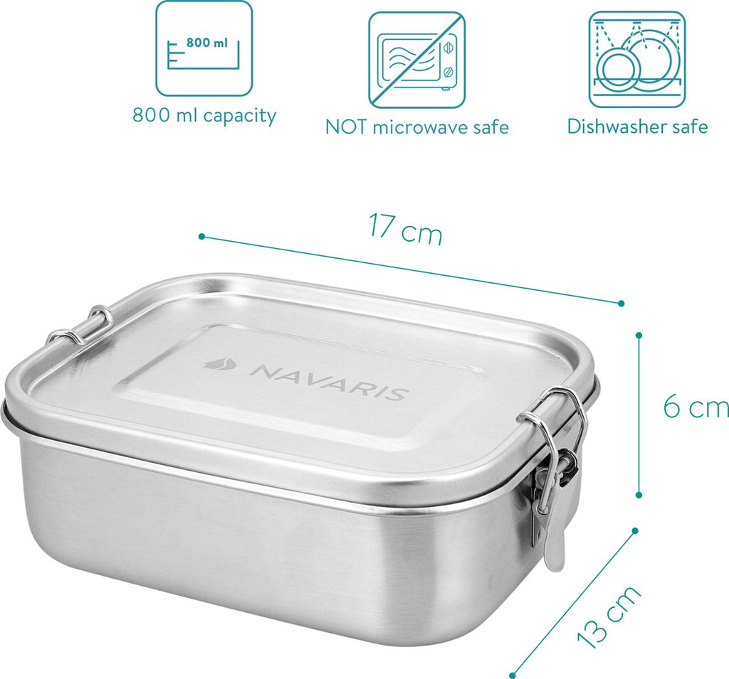  Navaris RVS Broodtrommel Met Verdeler - Meal Prep Bakje - Vershouddoos - Lunchbox - 17 X 13 X 6 Cm - Inhoud 0,8 Liter - Vaatwasbestendig