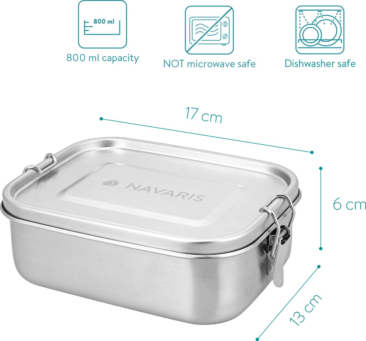 Navaris RVS Broodtrommel Met Verdeler - Meal Prep Bakje - Vershouddoos - Lunchbox - 17 X 13 X 6 Cm - Inhoud 0,8 Liter - Vaatwasbestendig