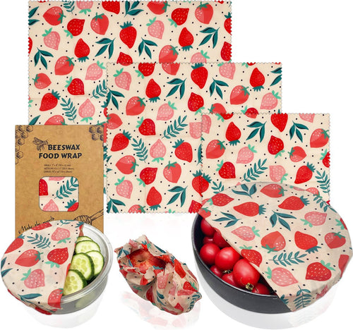  Bijenwas Wraps (Bijenwas Doek) - "rode Aardbei" Set Van 3 - 1S, 1M, 1L - Beeswax Wraps - Herbruikbaar Boterhamzakje - Bee Wrap - Beewax - Bijenwasdoek - Zero Waste - Duurzaam Cadeau