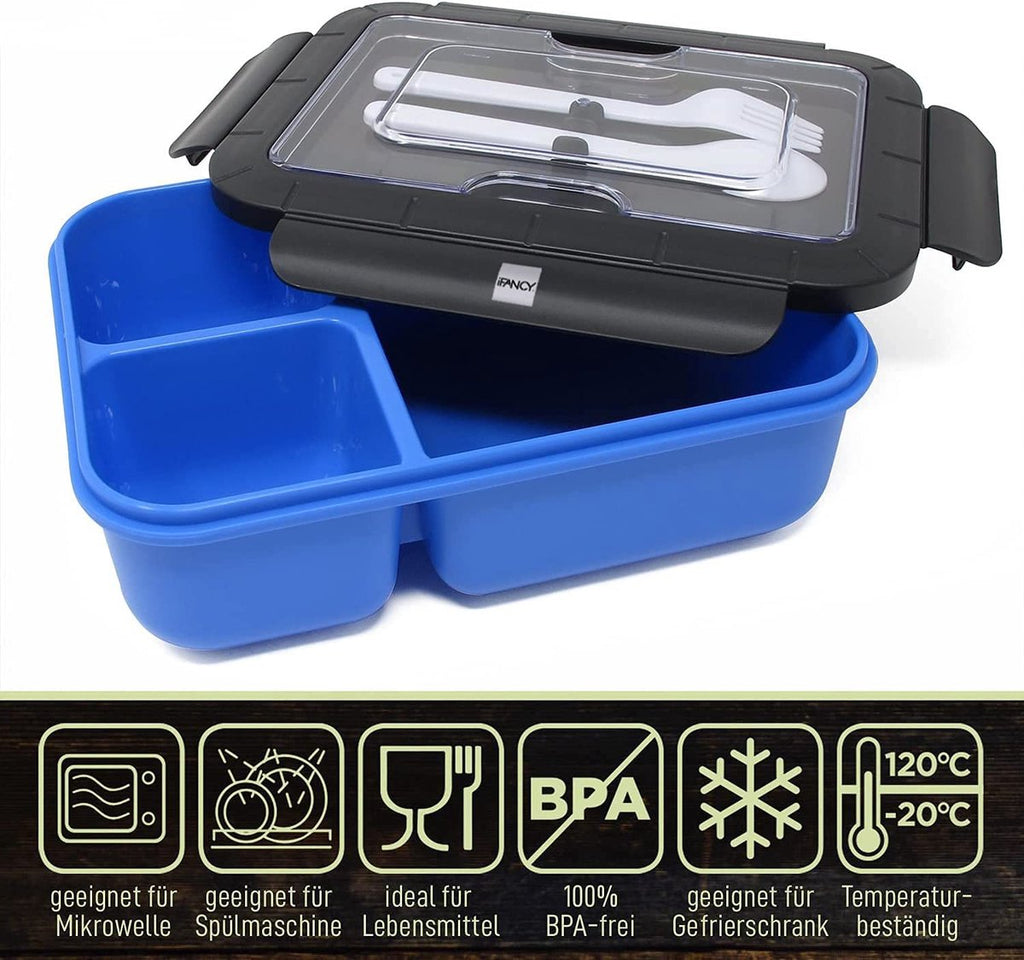  IFancy LUNCHBOX YUMMY - Bento Box 1500ml + Bestek - 3 Compartimenten - BPA Vrij &amp; Lekvrij - Vaatwasser Magnetron &amp; Vriezer - Lunch Box Voor Kinderen &amp; Volwassenen (Blauw)