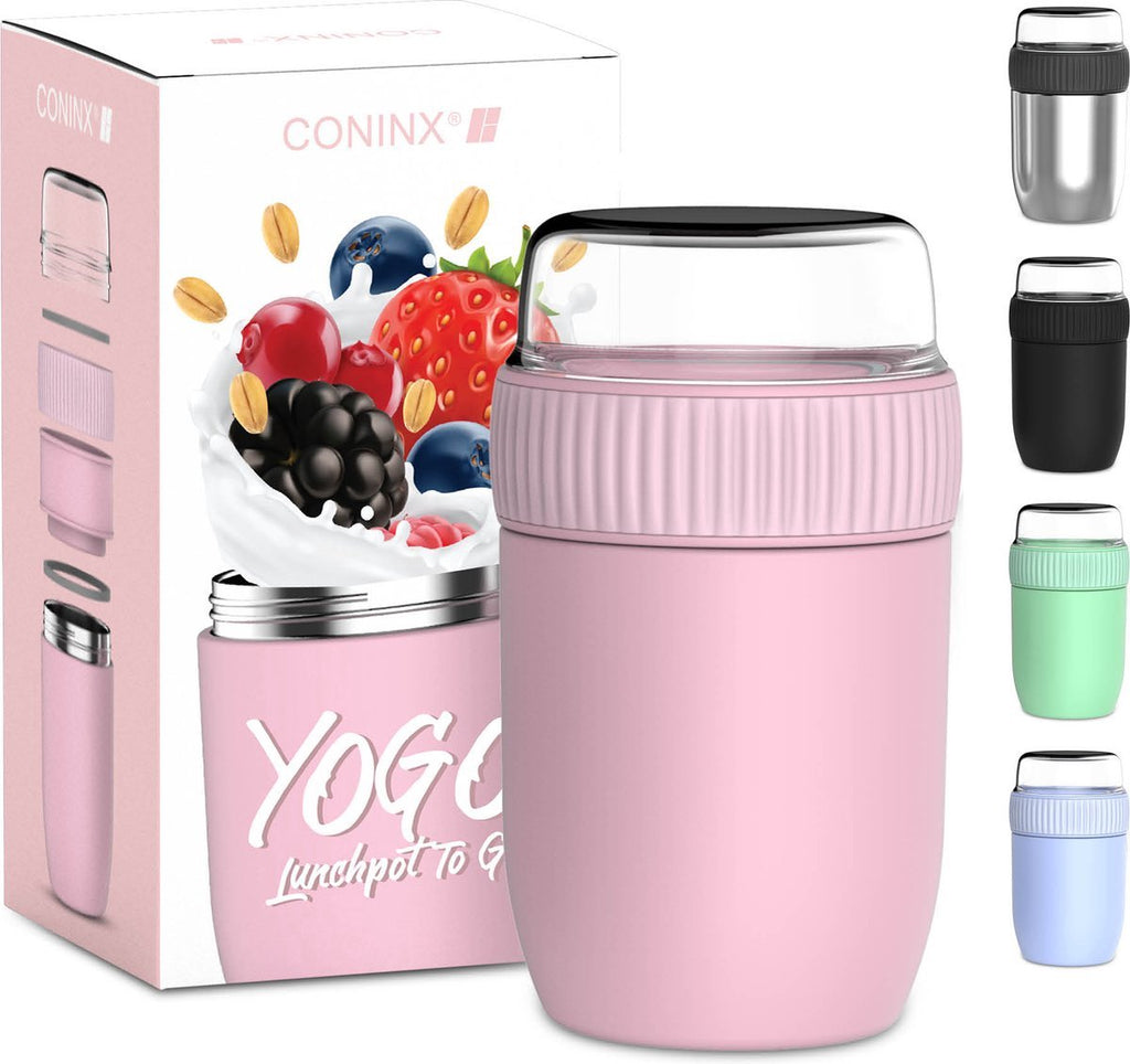  Coninx Thermos Lunchbox - Muesli Beker To Go - Isoleer Lunchpot - Yoghurtbeker To Go - Mueslibeker 840ml (600ml+240ml) - RVS / Roze