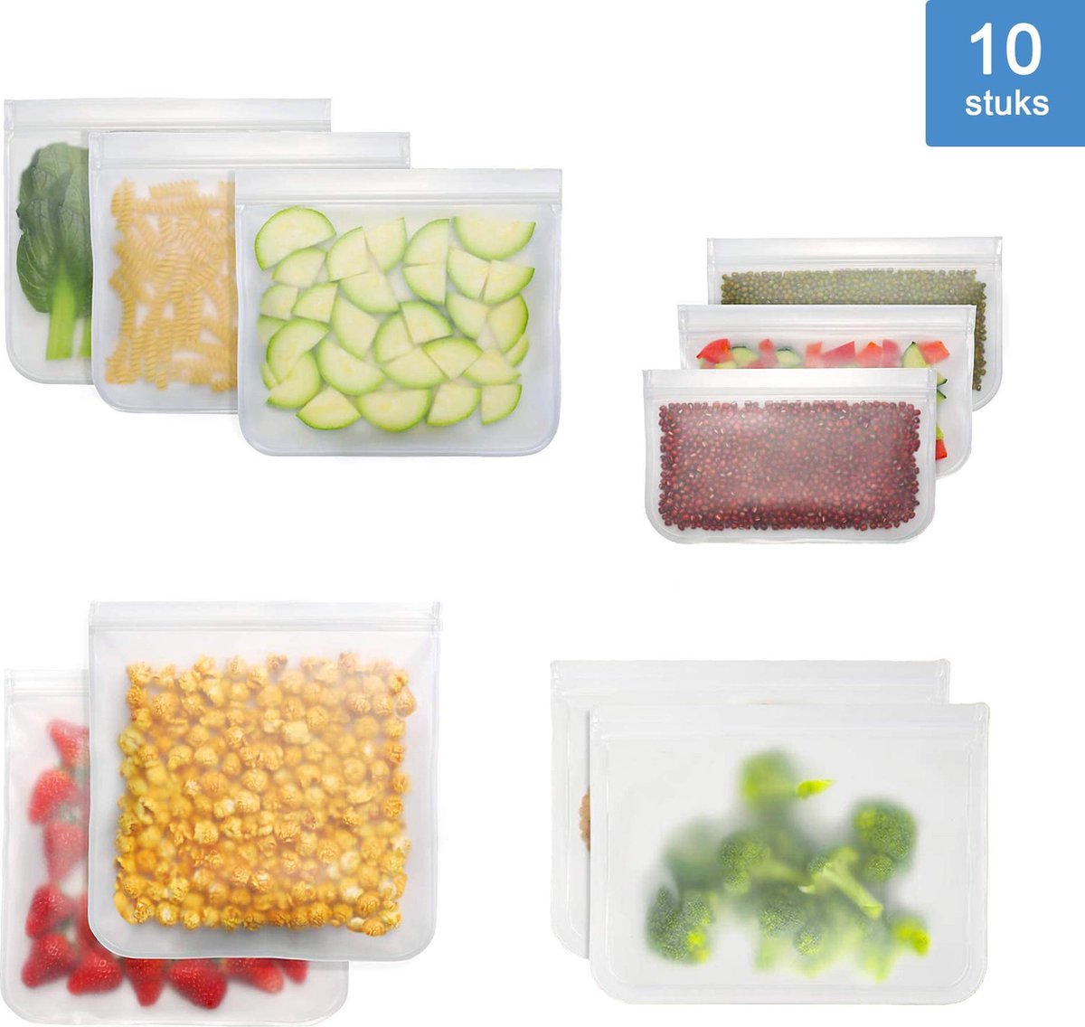  Siliconen Vershoudzakken | Diepvrieszakken | Set Van 10 | Duurzaam | Herbruikbaar Boterhamzakje | Mealprep