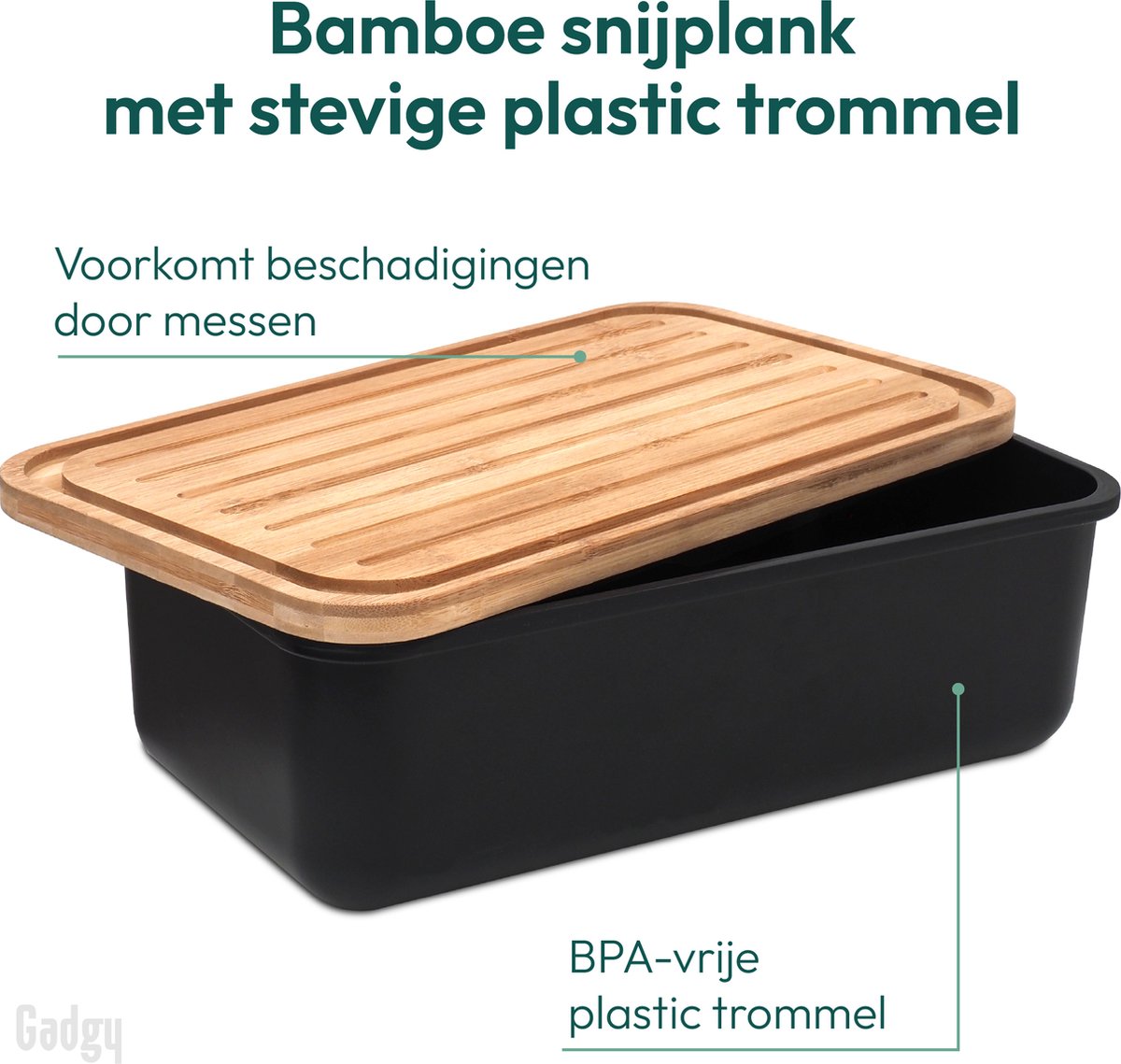  Gadgy Broodtrommel Met Bamboe Deksel – Brooddoos Met Snijplank - 36x19.5x11.5 Cm- Zwart