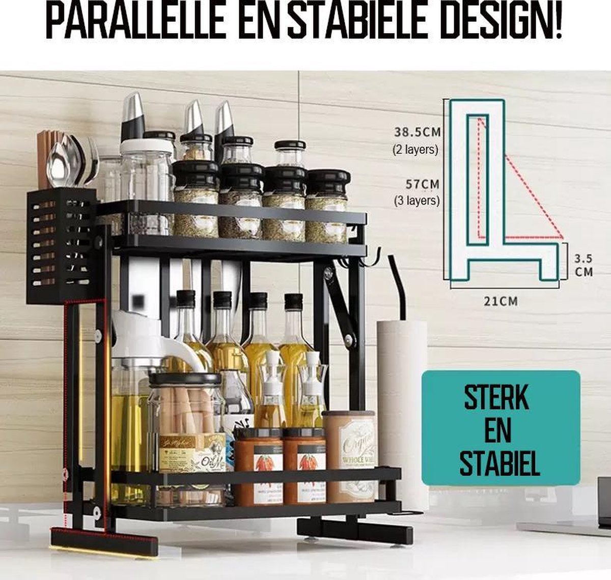  TammaT - Kruidenrek - Kruidenrek Staand - Inklapbare Keukenrek - 3-laags 35x21x56,5CM - Keuken Organizer - Aanrecht Organizer - Keuken Opslag - Roestvrij Staal - Opbergrek - Keuken Organizers - Roestvrij En Krasvrij