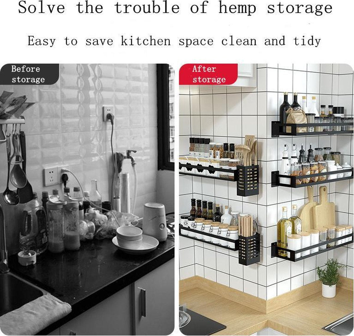Merkloos Kruidenrek / Opbergrek - RVS - Perforatievrij Aan De Muur Gemonteerd - 50x13x6 Cm - Zwart