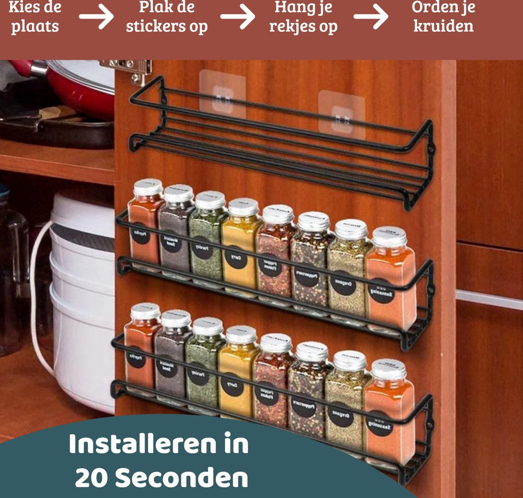 Mmoods Kruidenrek Ophangbaar Zonder Boren - 2 Laags Voor 16 Kruidenpotjes - Speciaal Voor Muur, Wandkast, Kastdeur - Hangende Kruidenorganizer Keuken - Keukenaccessoires