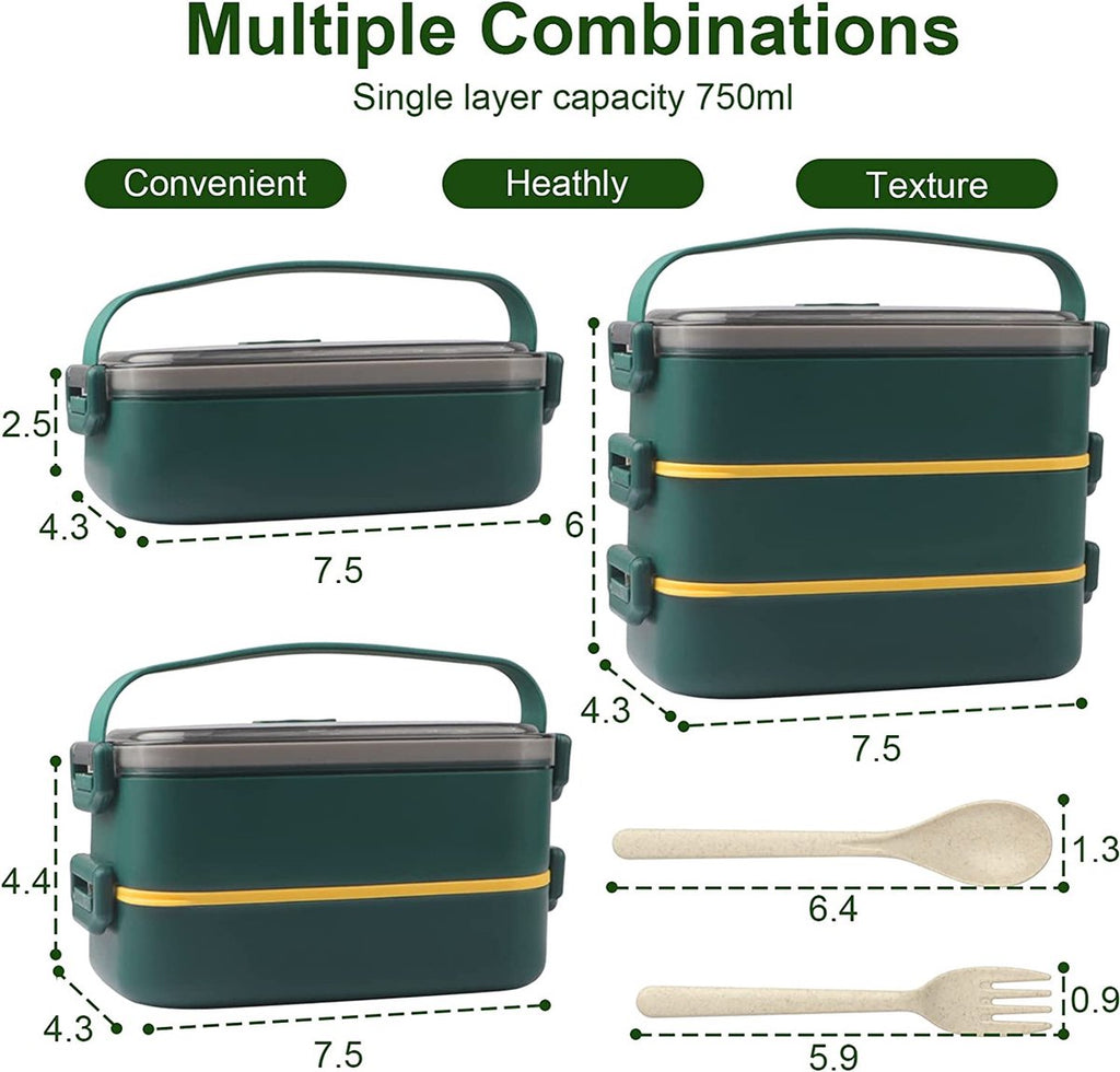  Lunchbox, Bento Box Voor Volwassenen Kinderen, Kinderlunchbox Met Compartimenten, 3-laags Lekvrije Bento-lunchbox Met Vork, Lepel, Geschikt Voor Lunchbox Voor Werk, Kantoor, School (2,25L Groen)