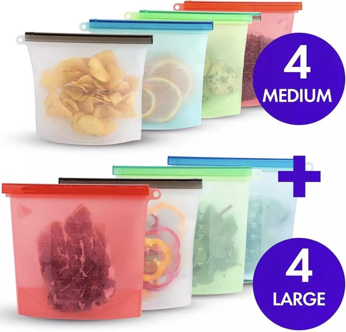  Siliconen Vershoudzakken - Set Van 8 ( 4x 1000ML + 4x 1500ML) -(Transparant, Rood, Groen, Blauw) - Duurzaam - Herbruikbaar - Vries &amp; Hitte Bestendig - Meal Prep - Opbergzak Maatbeker Meal Prep Container