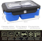  IFancy LUNCHBOX YUMMY - Bento Box 1500ml + Bestek - 3 Compartimenten - BPA Vrij &amp; Lekvrij - Vaatwasser Magnetron &amp; Vriezer - Lunch Box Voor Kinderen &amp; Volwassenen (Blauw)