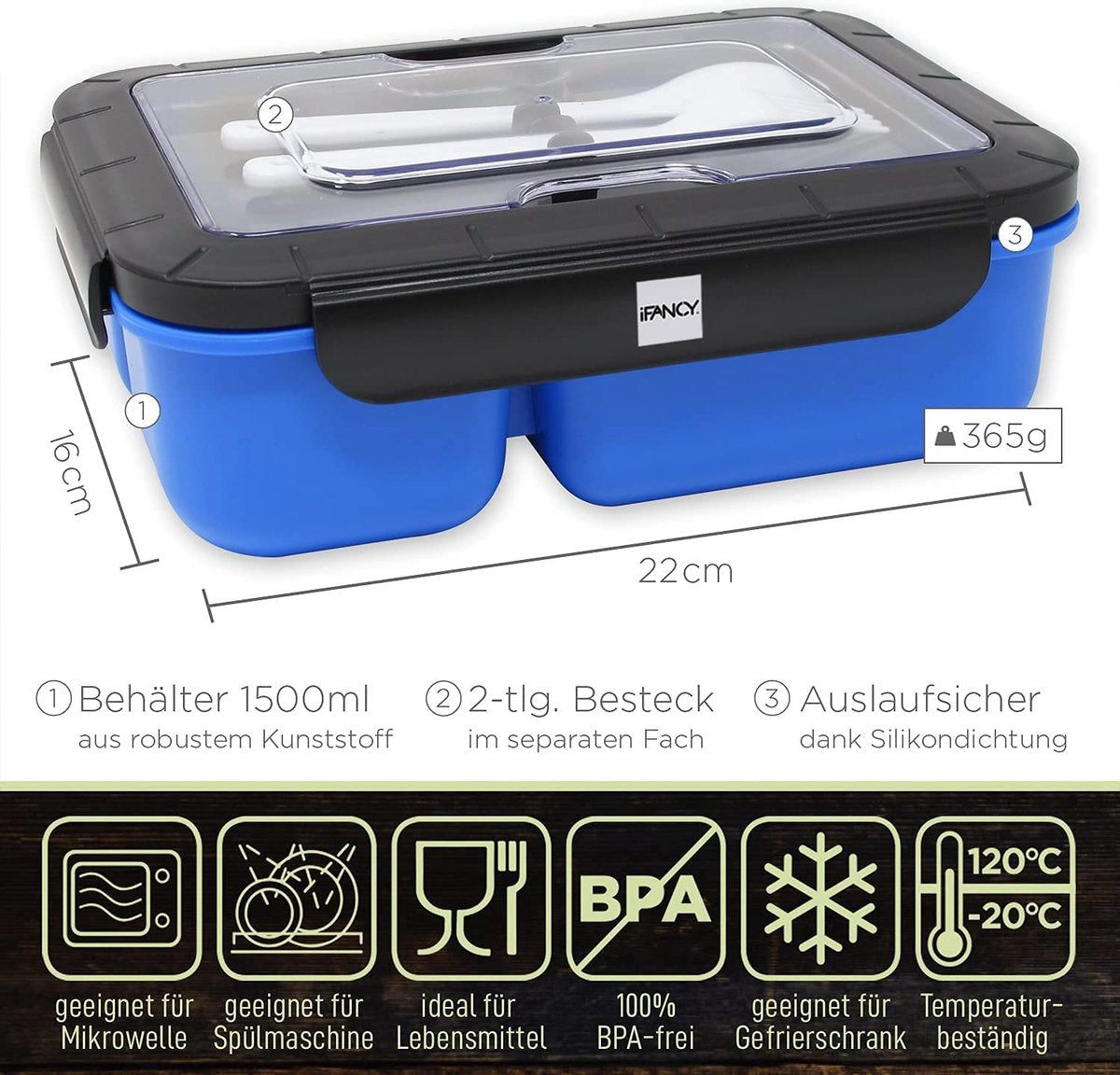  IFancy LUNCHBOX YUMMY - Bento Box 1500ml + Bestek - 3 Compartimenten - BPA Vrij &amp; Lekvrij - Vaatwasser Magnetron &amp; Vriezer - Lunch Box Voor Kinderen &amp; Volwassenen (Blauw)