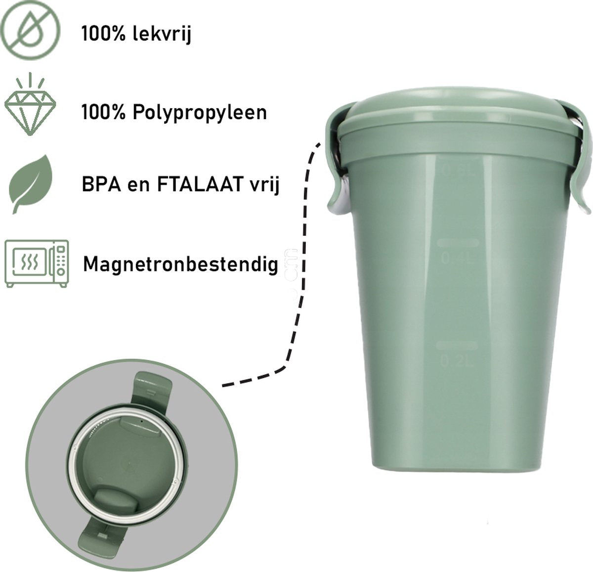  Curver Lunch &amp; Go Beker - Magnetronbestendig - Lunchbeker – Muesli Beker - Soepbeker - Yoghurt Beker To Go – LunchBox - KoffieBeker - Salade Lunchbox - 0,6l – Groen