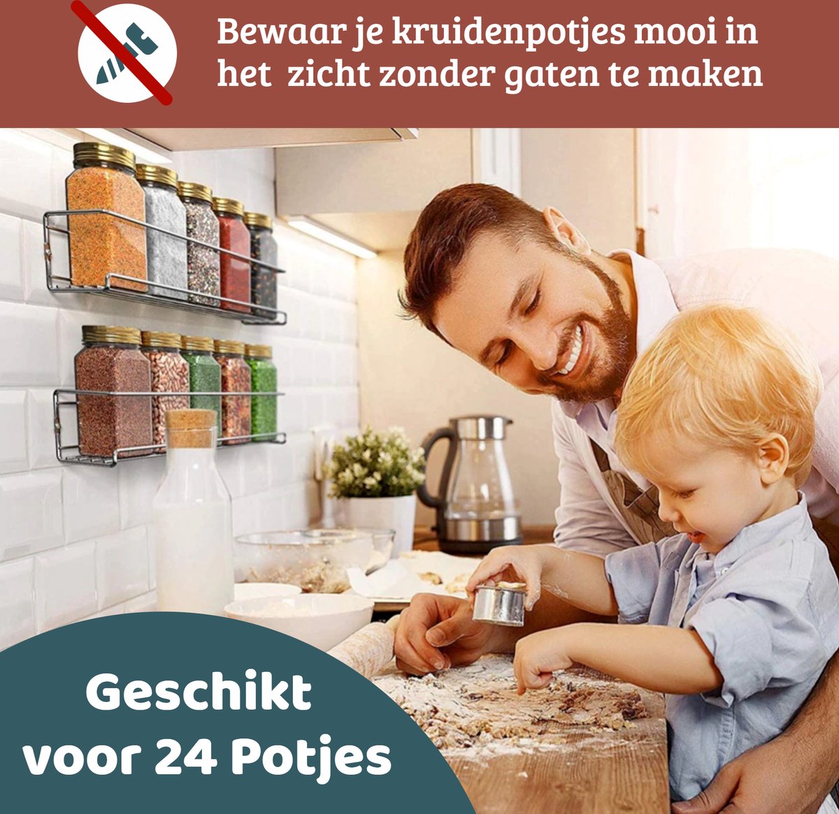  Mmoods Kruidenrek Ophangbaar Zonder Boren - 4 Laags Voor 24 Kruidenpotjes - Speciaal Voor Muur, Wandkast, Kastdeur - Hangende Kruidenorganizer Keuken - Keukenaccessoires