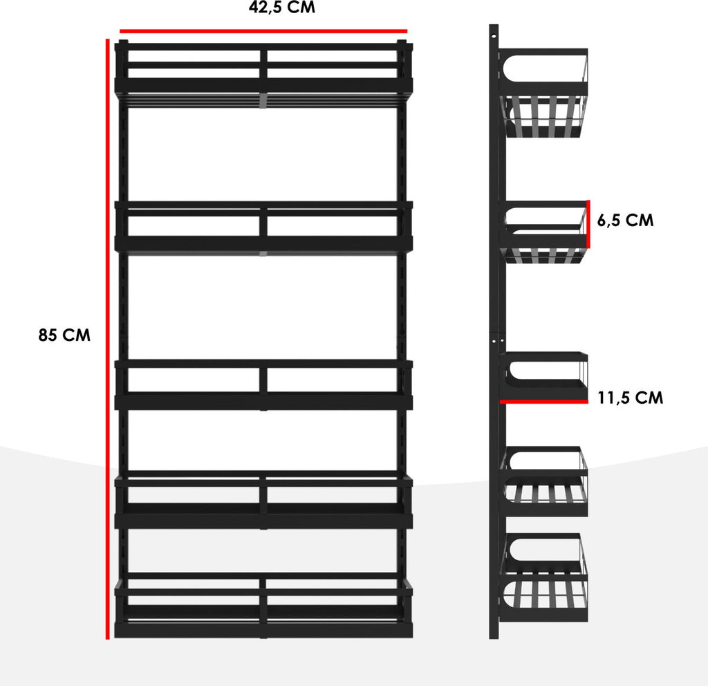  Soome Viljo - Kruidenrek Ophangbaar - Keukenrek - Wandrek - Keuken Organizer - 5 Laags - Verstelbaar - Staal - Zwart - H85xB42.5cm