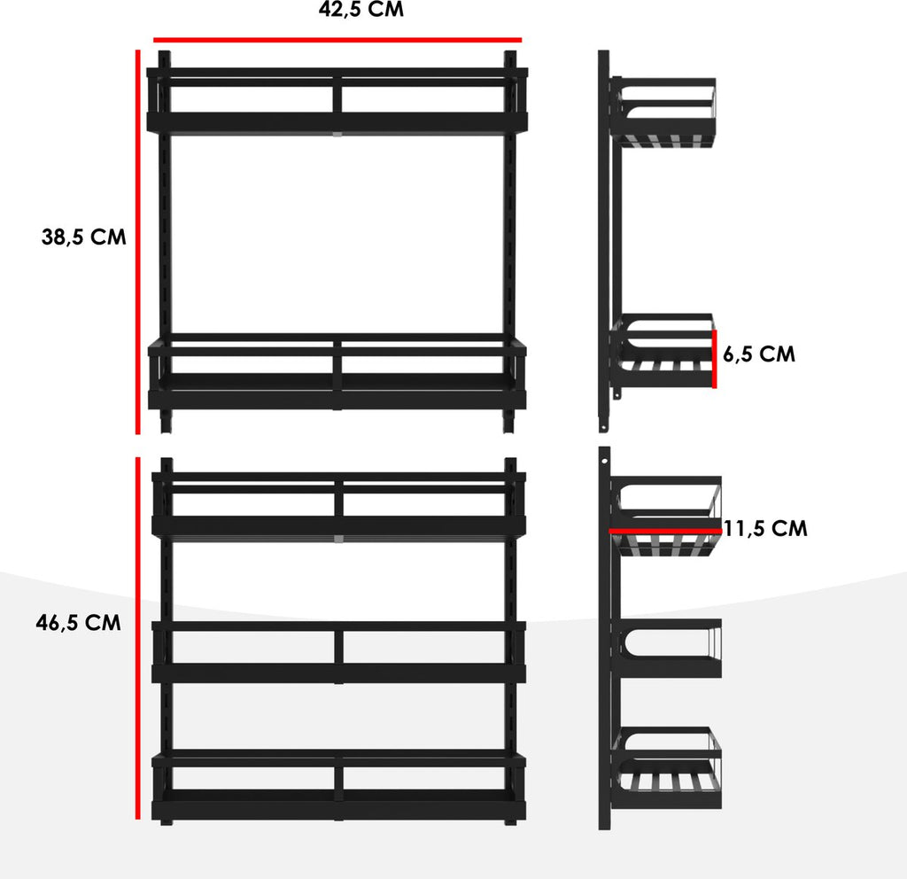  Soome Viljo - Kruidenrek Ophangbaar - Keukenrek - Wandrek - Keuken Organizer - 5 Laags - Verstelbaar - Staal - Zwart - H85xB42.5cm