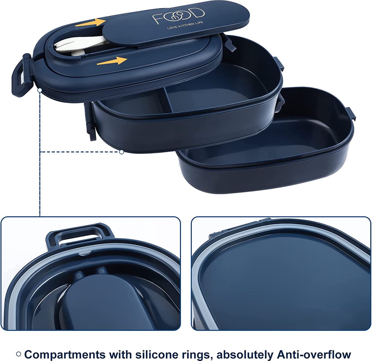  OITUGG Lunchbox Volwassenen: 2-laags Bento Box 1550 Ml Voor Mannen Vrouw - 3-vaks Lunchbox Met Bestek - BPA-vrije Plastic Lunchbox Geschikt Voor Kantoorschool - Magnetronbestendig Vaatwasmachinebestendig (blauw)