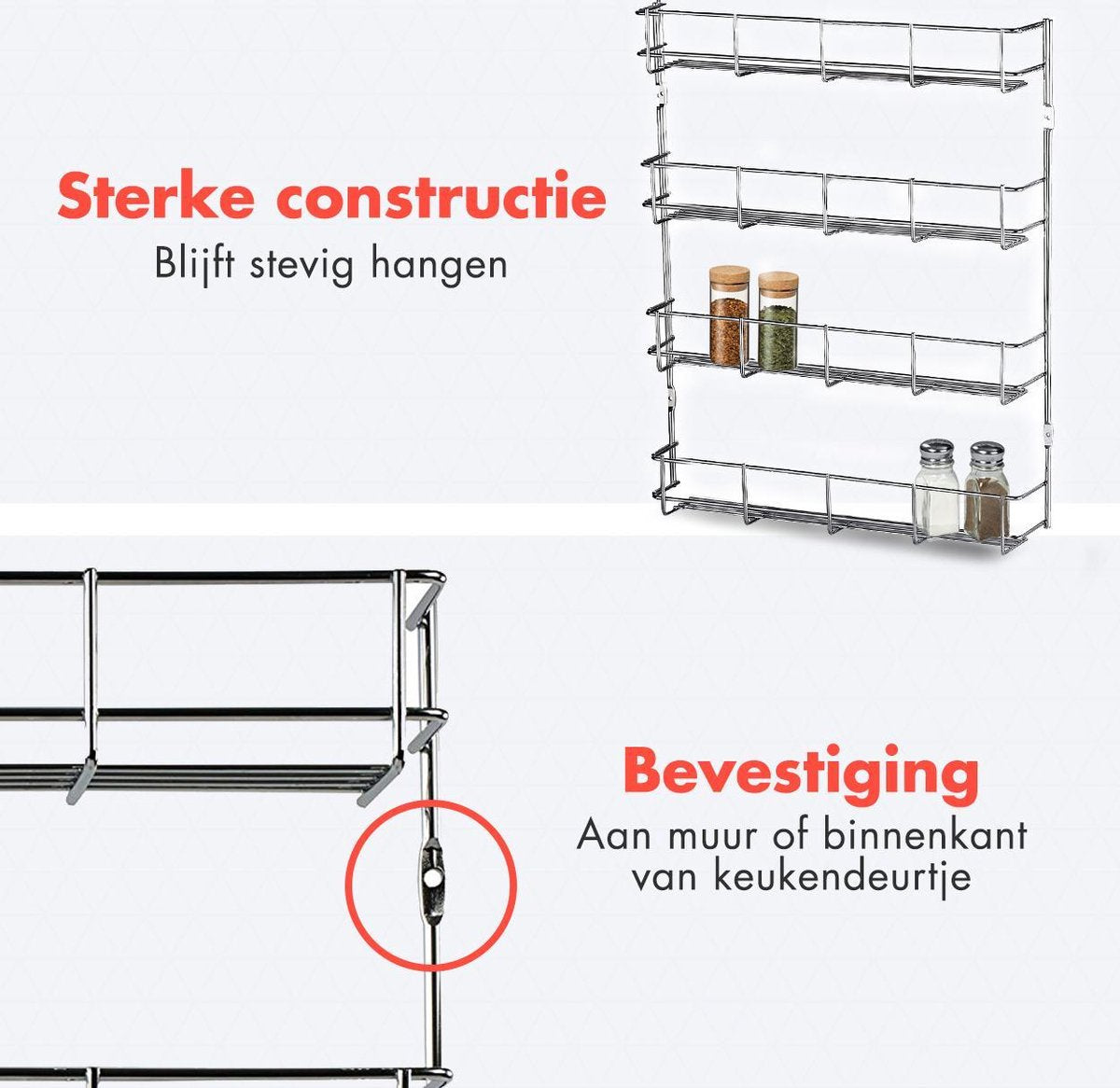  KitchenBrothers Ophangbaar Kruidenrek Voor 32 Kruidenpotjes - Spice Rack – Keuken Rek - Kruiden Organizer - Specerijen Opbergen - 4 Laags - 40 X 6.3 X 50 Cm - RVS