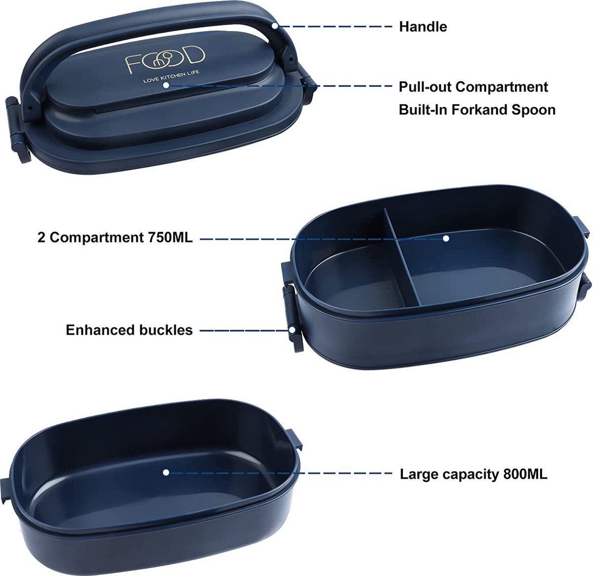  OITUGG Lunchbox Volwassenen: 2-laags Bento Box 1550 Ml Voor Mannen Vrouw - 3-vaks Lunchbox Met Bestek - BPA-vrije Plastic Lunchbox Geschikt Voor Kantoorschool - Magnetronbestendig Vaatwasmachinebestendig (blauw)