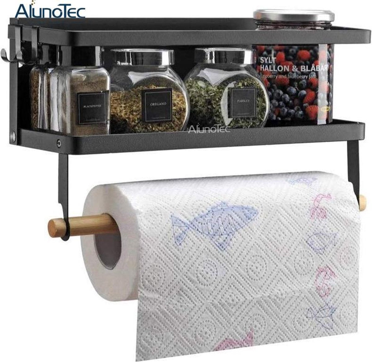 Merkloos Kruidenrek Zwart - Multifunctioneel Ophangbaar Keukenrek - Keukenrolhouder Zwart - Multifunctioneel Kruidenrek - Magnetisch Kruidenrek - Keuken Organizer - Koelkast Rek