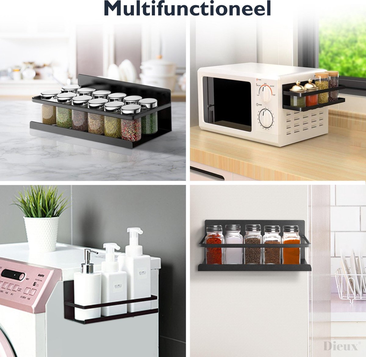  Dieux® - Magnetisch Kruidenrek - Ophangbaar Opbergrek - Keukenrek - Complete Set - Aanrecht Organiser - Badkamerrek - Wandrek - Staal - Zwart - Pasen