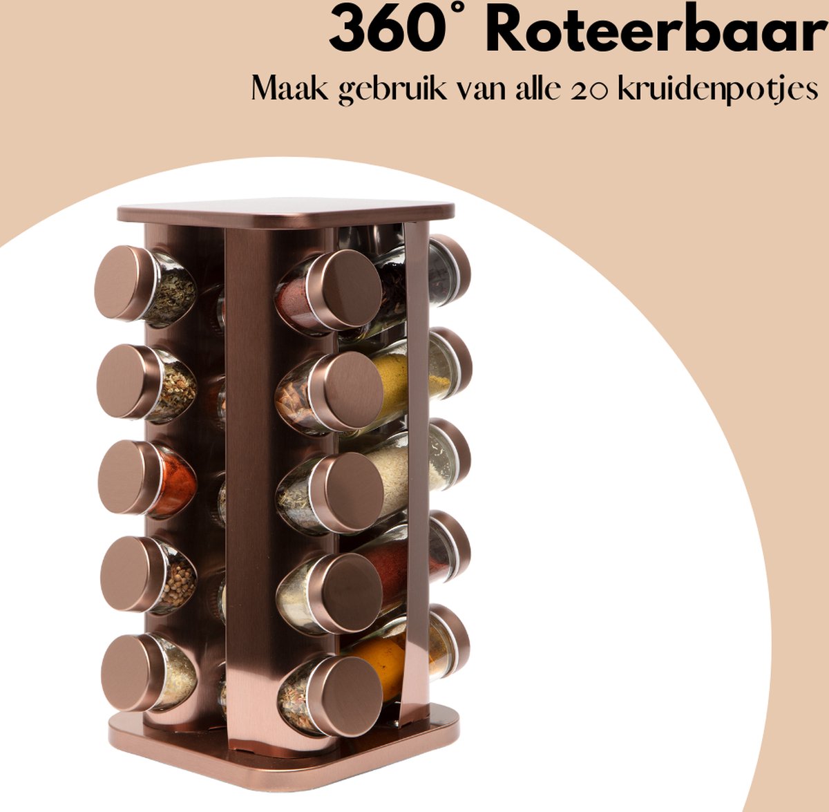 Pazzo Goods - Kruidenrek Staand - Kruidenrek Met Potjes - Rose Goud - RVS - Kruidenrek Draaibaar - 20 Kruidenpotjes - Inclusief Stickers &amp; Stift - Kruiden Carrousel