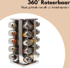  Pazzo Goods - Kruidenrek Staand - Kruidenrek Met Potjes - Zilver - RVS - Kruidenrek Draaibaar - 20 Kruidenpotjes - Inclusief Stickers &amp; Stift - Kruiden Carrousel