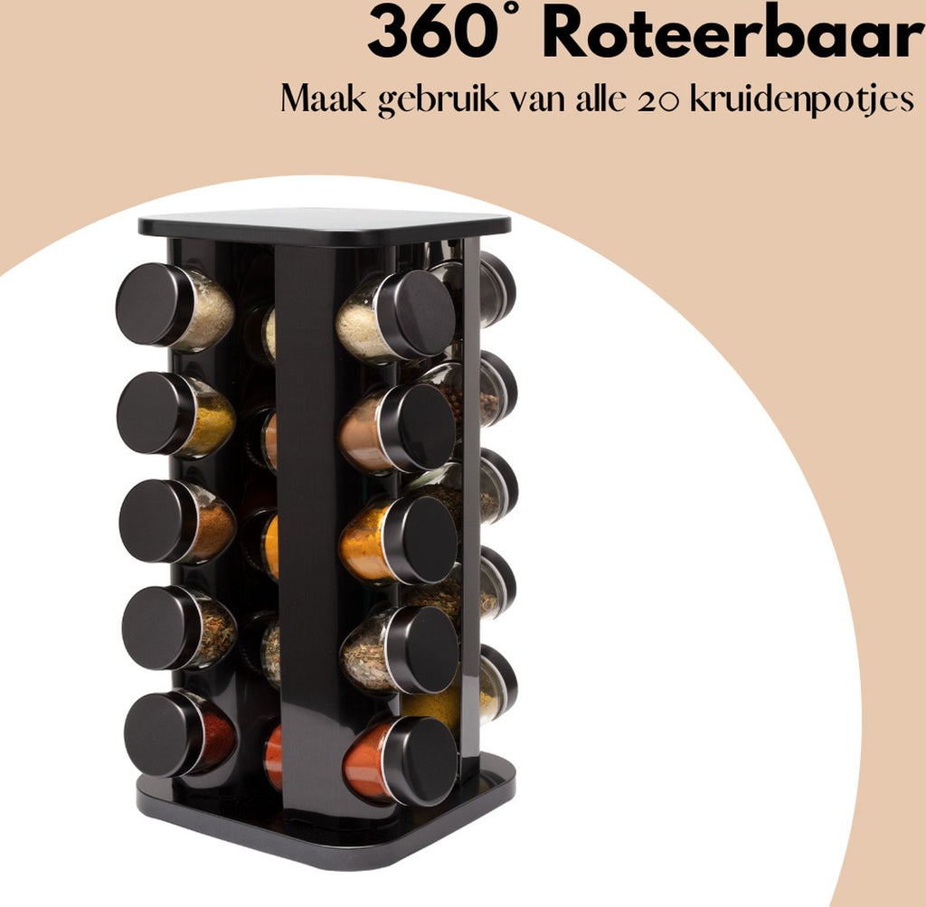  Pazzo Goods - Kruidenrek Staand - Kruidenrek Met Potjes - Zwart - RVS - Kruidenrek Draaibaar - 20 Kruidenpotjes - Inclusief Stickers &amp; Stift - Kruiden Carrousel