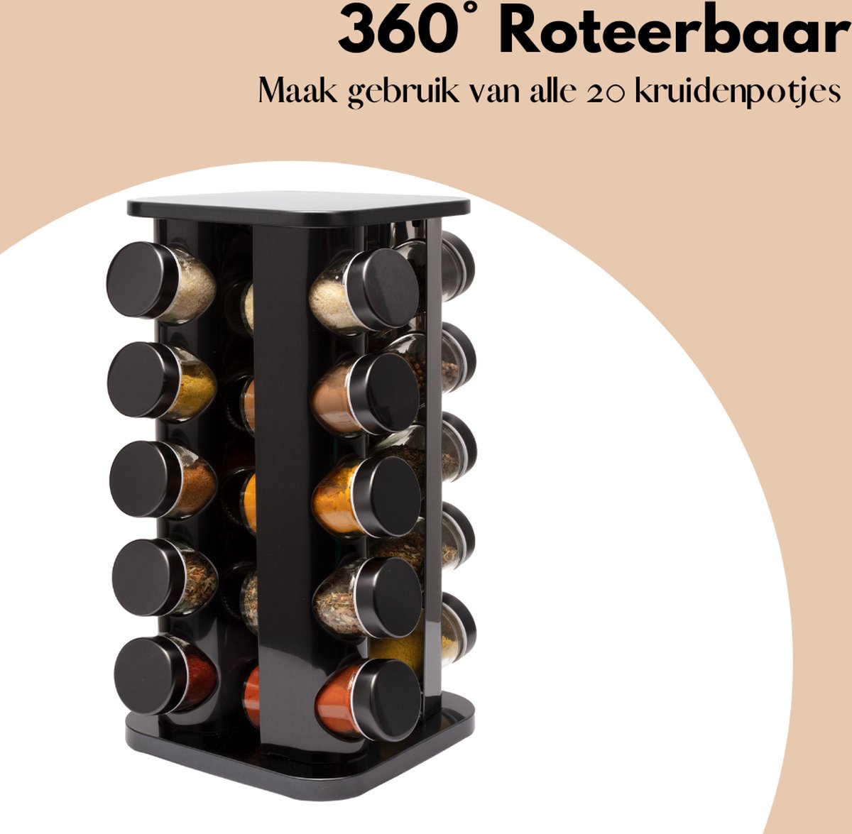  Pazzo Goods - Kruidenrek Staand - Kruidenrek Met Potjes - Zwart - RVS - Kruidenrek Draaibaar - 20 Kruidenpotjes - Inclusief Stickers &amp; Stift - Kruiden Carrousel