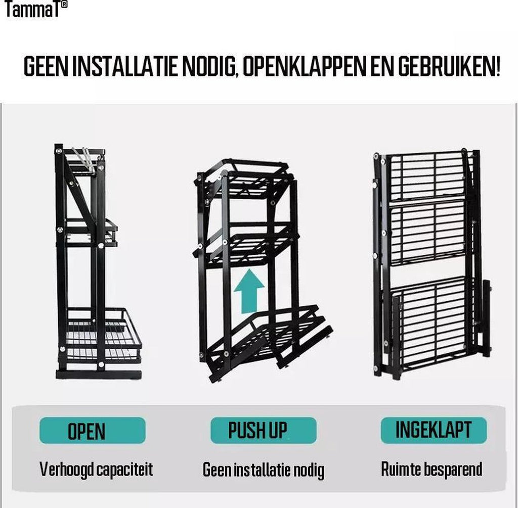  TammaT - Kruidenrek - Kruidenrek Staand - Inklapbare Keukenrek - 3-laags 35x21x56,5CM - Keuken Organizer - Aanrecht Organizer - Keuken Opslag - Roestvrij Staal - Opbergrek - Keuken Organizers - Roestvrij En Krasvrij