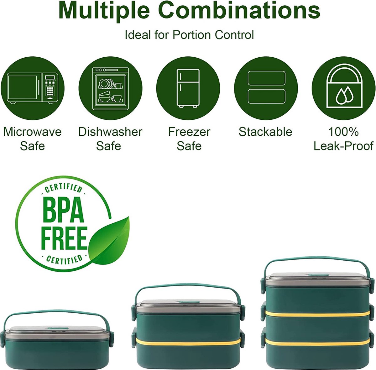  Lunchbox, Bento Box Voor Volwassenen Kinderen, Kinderlunchbox Met Compartimenten, 3-laags Lekvrije Bento-lunchbox Met Vork, Lepel, Geschikt Voor Lunchbox Voor Werk, Kantoor, School (2,25L Groen)