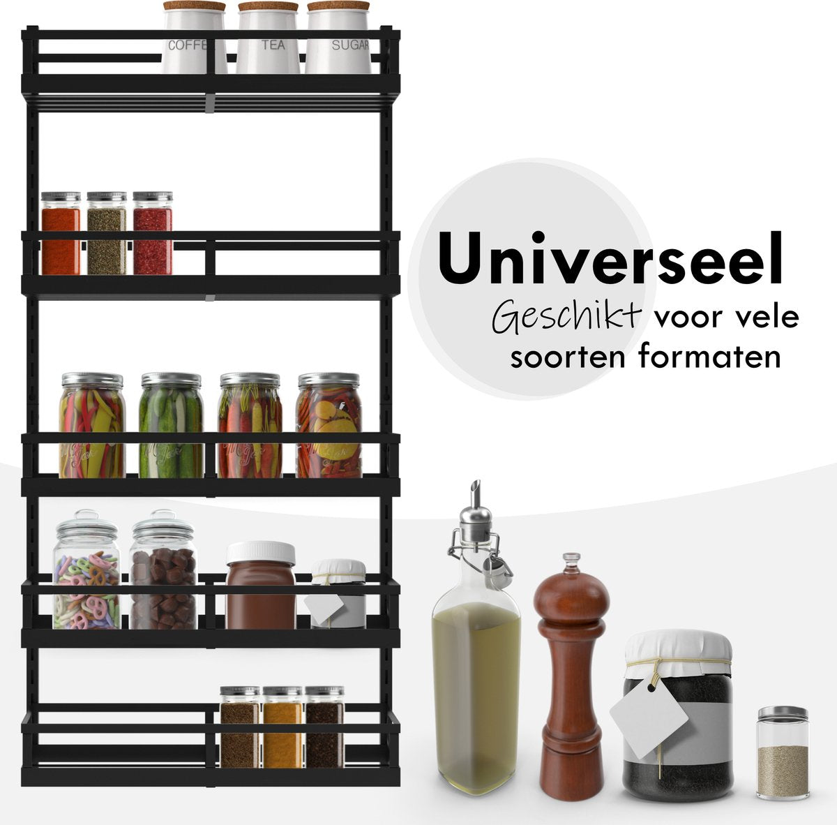  Soome Viljo - Kruidenrek Ophangbaar - Keukenrek - Wandrek - Keuken Organizer - 5 Laags - Verstelbaar - Staal - Zwart - H85xB42.5cm