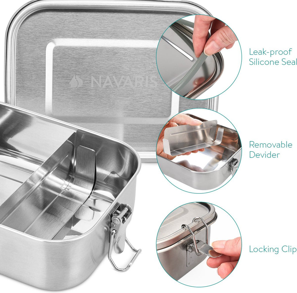  Navaris RVS Broodtrommel Met Verdeler - Meal Prep Bakje - Vershouddoos - Lunchbox - 17 X 13 X 6 Cm - Inhoud 0,8 Liter - Vaatwasbestendig