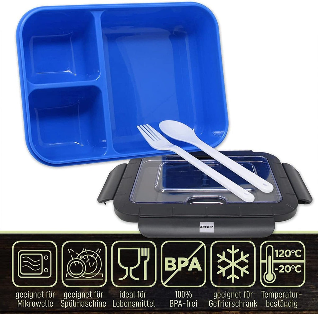  IFancy LUNCHBOX YUMMY - Bento Box 1500ml + Bestek - 3 Compartimenten - BPA Vrij &amp; Lekvrij - Vaatwasser Magnetron &amp; Vriezer - Lunch Box Voor Kinderen &amp; Volwassenen (Blauw)