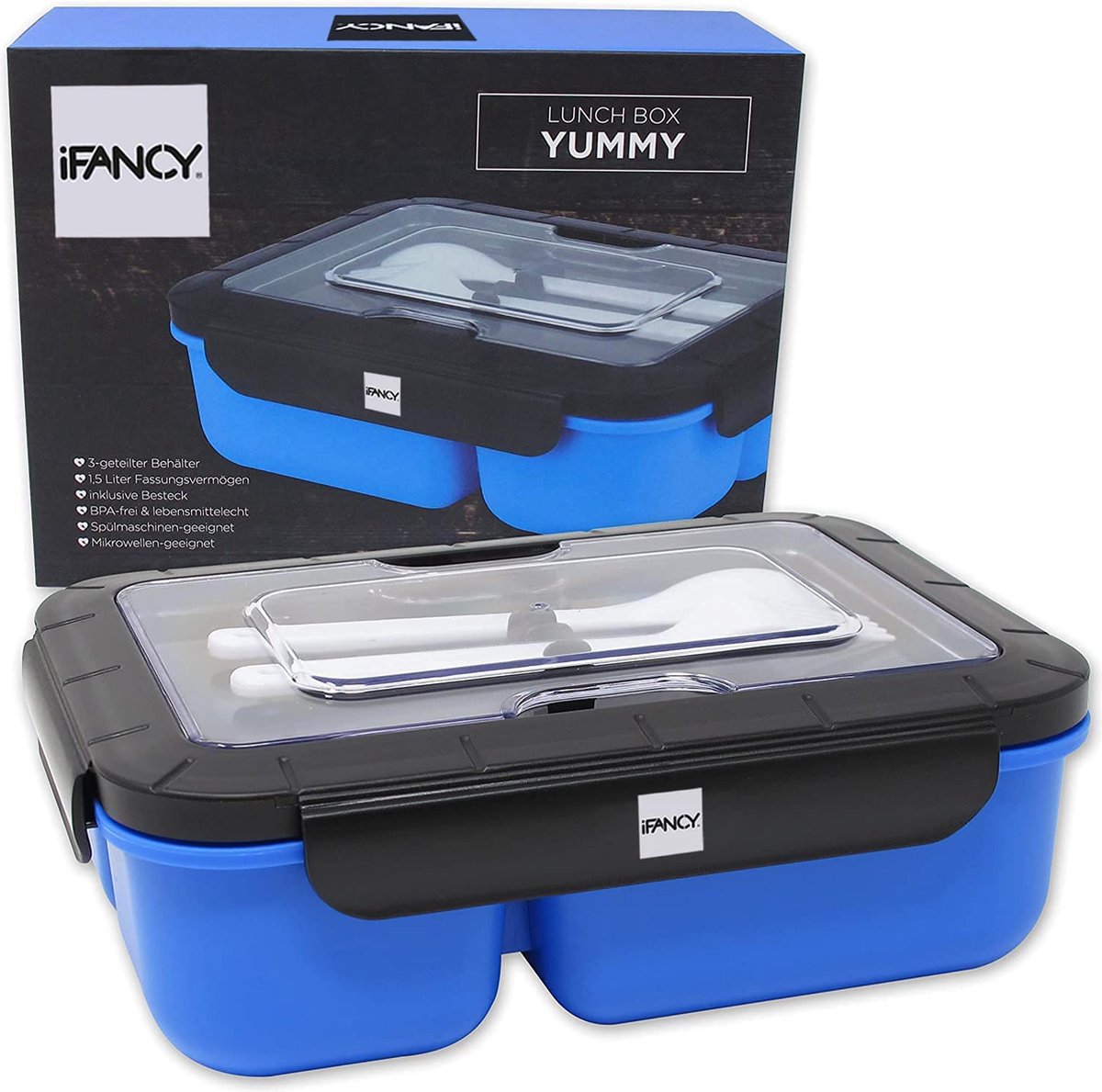  IFancy LUNCHBOX YUMMY - Bento Box 1500ml + Bestek - 3 Compartimenten - BPA Vrij &amp; Lekvrij - Vaatwasser Magnetron &amp; Vriezer - Lunch Box Voor Kinderen &amp; Volwassenen (Blauw)