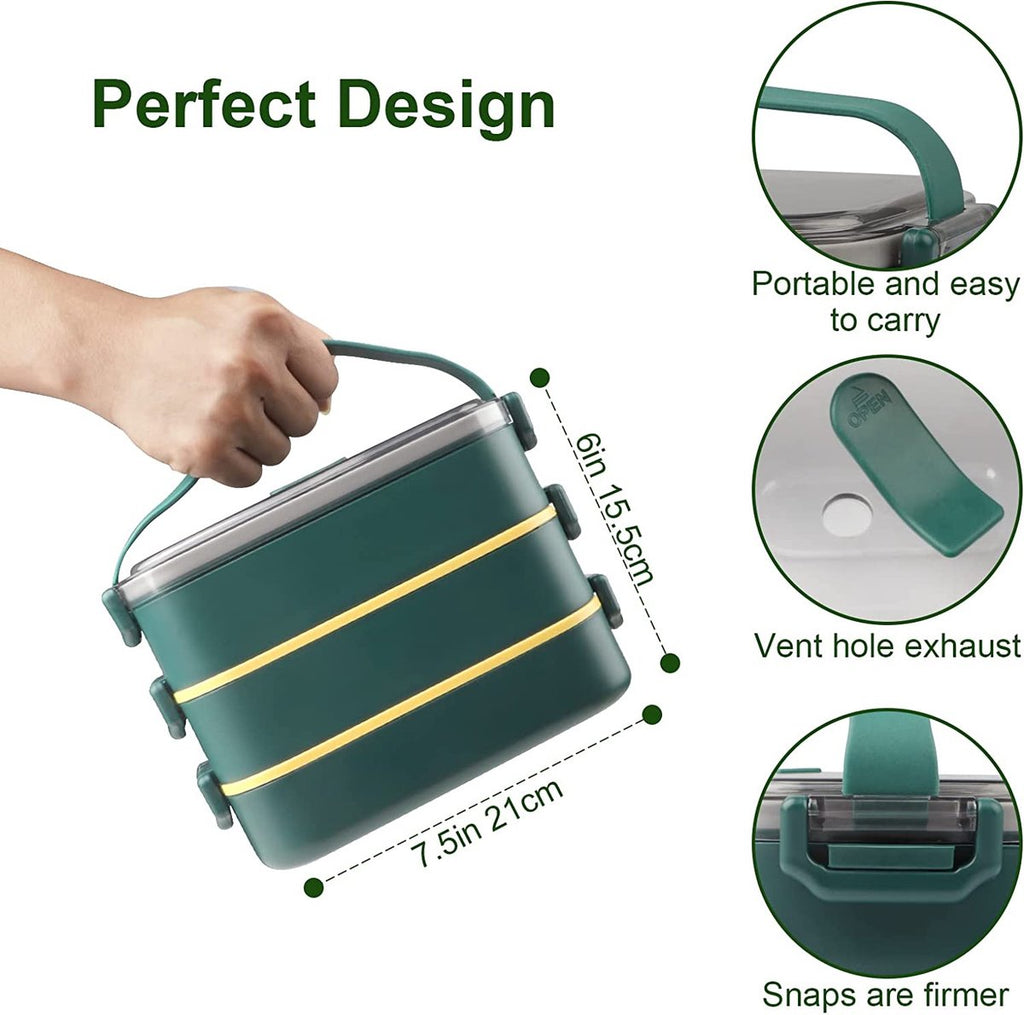  Lunchbox, Bento Box Voor Volwassenen Kinderen, Kinderlunchbox Met Compartimenten, 3-laags Lekvrije Bento-lunchbox Met Vork, Lepel, Geschikt Voor Lunchbox Voor Werk, Kantoor, School (2,25L Groen)