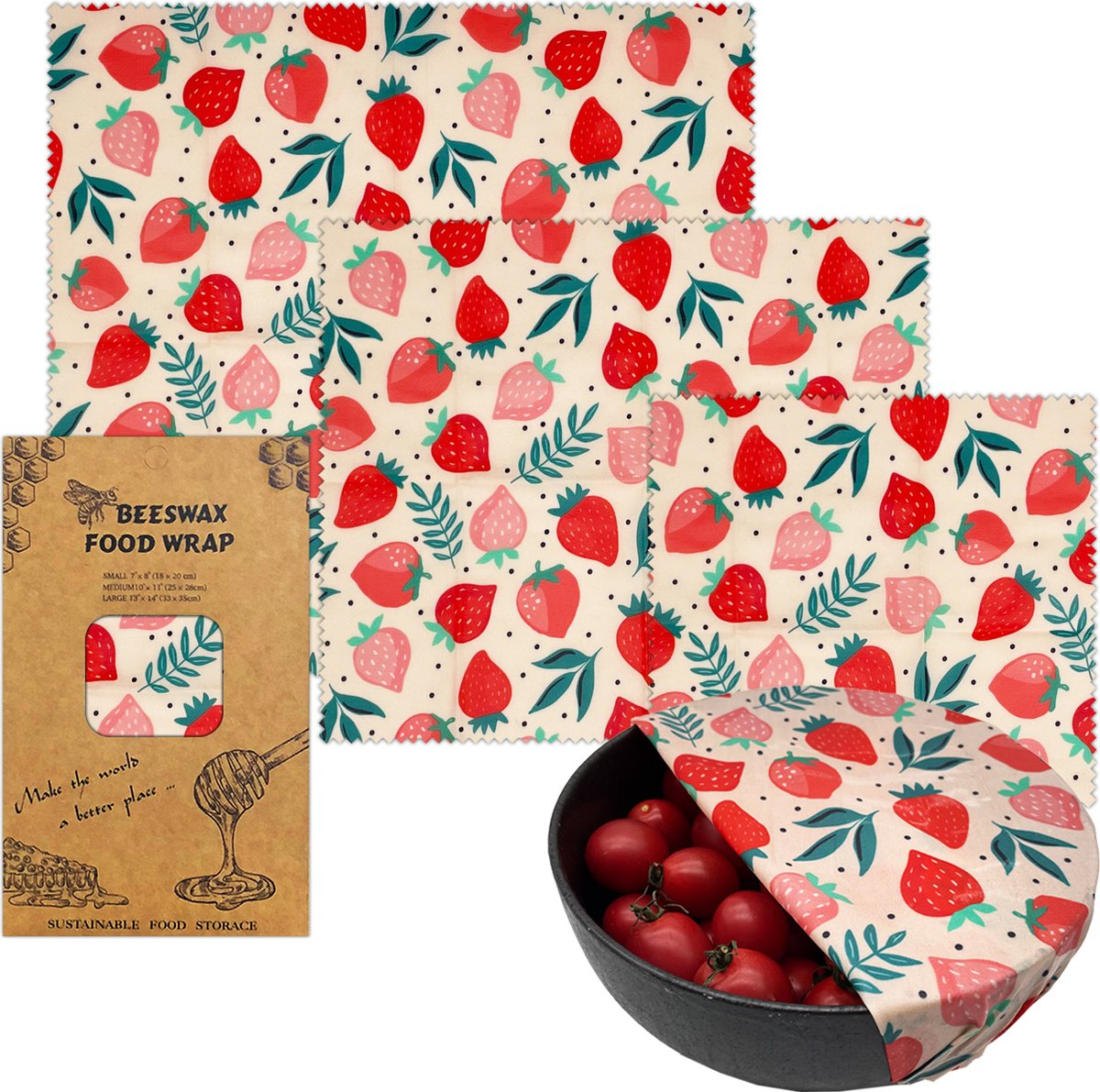  Bijenwas Wraps (Bijenwas Doek) - "rode Aardbei" Set Van 3 - 1S, 1M, 1L - Beeswax Wraps - Herbruikbaar Boterhamzakje - Bee Wrap - Beewax - Bijenwasdoek - Zero Waste - Duurzaam Cadeau