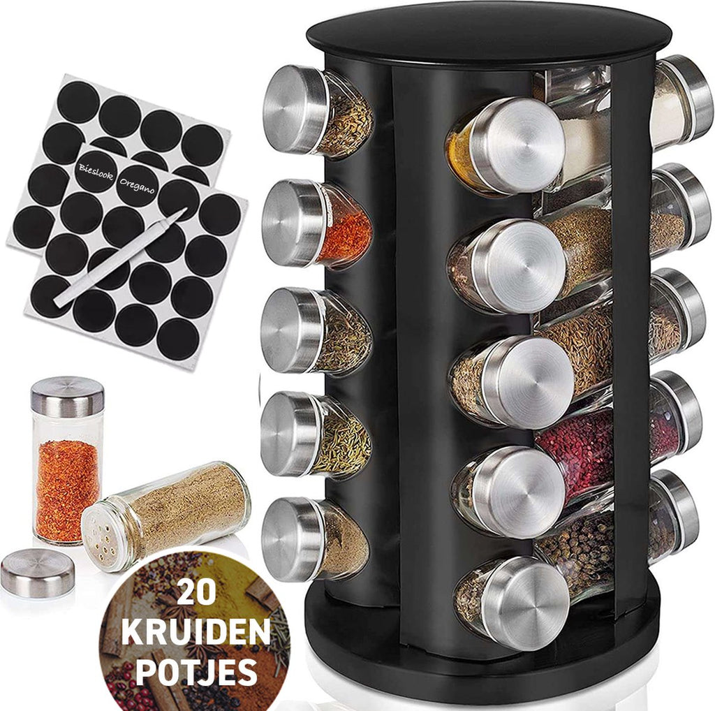 Merkloos Draaibaar Kruidenrek Met 20 Kruidenpotjes - Kruidenrek Staand - Aanrecht Organiser - Glazen Potjes Met Deksel - Inclusief 32 Etiketten En 1 Uitwisbare Stift - Ronde Afwerking - Zwart