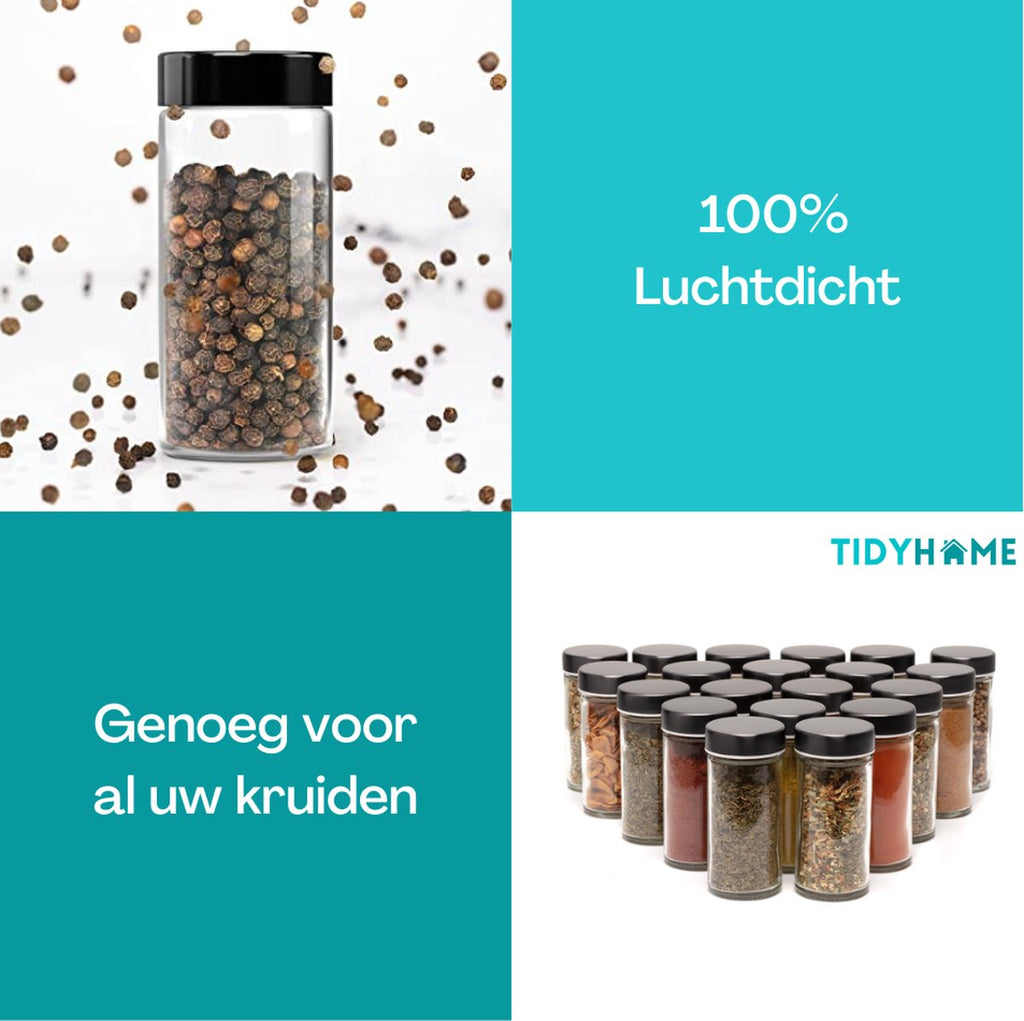  TidyHome Kruidenrek Draaibaar - Kruidenpotjes - Kruiden Carrousel - 20 Kruidenpotjes - Zwart - RVS - Draaibaar - Aanrecht Organizer - Inclusief Labels, Pen En Trechter - Keuken Organizer