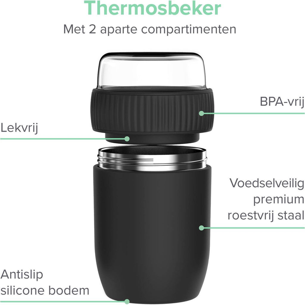  Coninx Thermos Lunchbox - Muesli Beker To Go - Isoleer Lunchpot - Yoghurtbeker To Go - Mueslibeker 840ml (600ml+240ml) - RVS / Zwart